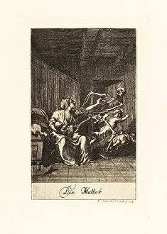 Lavenburg Calendar Prints: The skeleton of Death pulls on the arm of a mother in a nursery