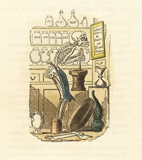Doctors Prints: Skeleton of Death in a quack doctor's apothecary shop
