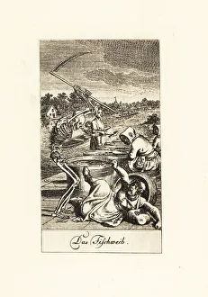 Lavenburg Calendar Prints: The skeleton of Death slashes a fishwife with a scythe