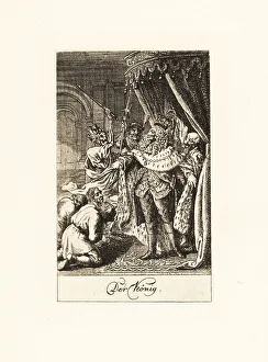 Lavenburg Calendar Prints: Two skeletons of Death attack a king in his throne room