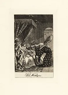 Lavenburg Calendar Prints: Two skeletons of Death come for a queen on her throne