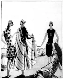 Sun Bathing Prints: Sketch of bathing outfits, 1923