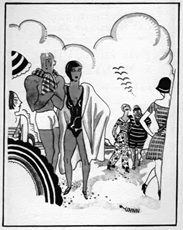 Sun Bathing Prints: Sketch of fashionable beach, 1920s