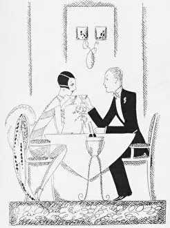 Harriet Gallery: Sketch by Fish of couple having dinner and champagne