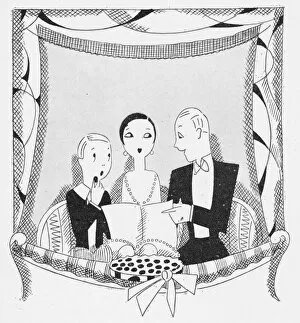 Harriet Gallery: Sketch by Fish of three people in a theatre box