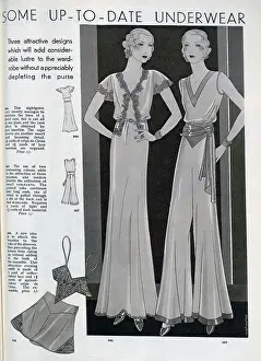 Pyjamas Prints: Sketch illustrating some fashions in women's night attire - a nightgown and pyjamas