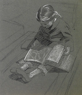 Charcoal Gallery: Sketch of a little girl reading a book