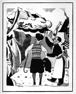 Sketch of two men looking at clouds in the Pyrenees, 1920s