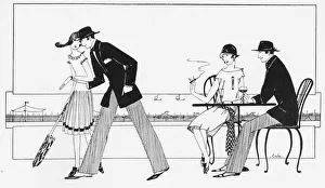 A sketch of a seaside promenade scene with two