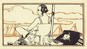Bather Prints: Sketch of a woman enjoying the beach at the Lido, Venice