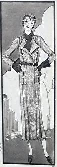 Jackets Collection: A sketch of a woman in a fashionable tweed suit, accessorised with hat, scarf and handbag