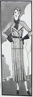 Handbag Prints: A sketch of a woman in a fashionable tweed suit