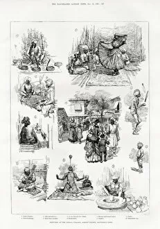 Images Dated 23rd January 2020: Sketches at the Albert Palace, Battersea showing the Indian village with various traditional arts