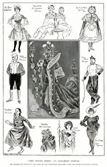 Sketches by Ralph Cleaver of principals taking part in the pantomime Red Riding Hood at Anglesey Castle. Central is Henry Cyril Paget, 5th Marquis of Anglesey as Boy Blue