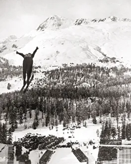 Pre War Prints: Ski-jumping St Moritz Switzerland, 1933