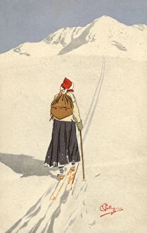 Mittens Collection: Skier with backpack following tracks - Switzerland - 1900s