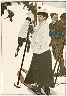 Images Dated 12th April 2021: Skiers gather on the piste. Date: 1910