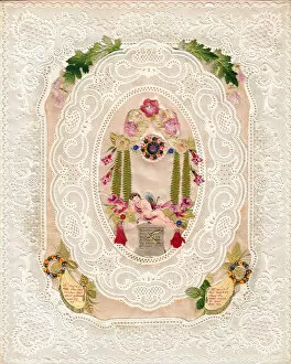 Delicate Gallery: Sleeping cupid with flowers on a paper lace romantic card