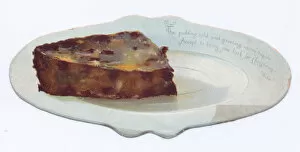 Victorian and Edwardian Christmas Cards Gallery: Slice of pudding on a plate on a shaped Christmas card