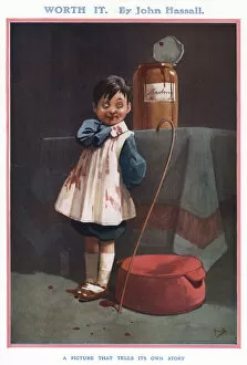 A small boy, having consumed most of a pot of strawberry jam with the help of a cane