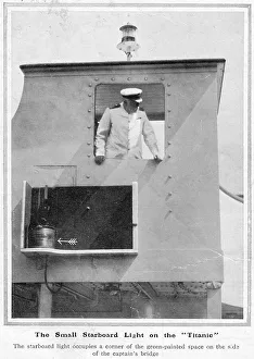 The small starboard light on the Titanic. The starboard light occupies a corner of the green-painted space on the side of the captain's bridge. Date: 1912