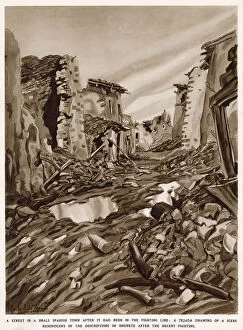 Torn Collection: A small war-torn town during the Spanish Civil War, 1937. This illustration was made by an artist
