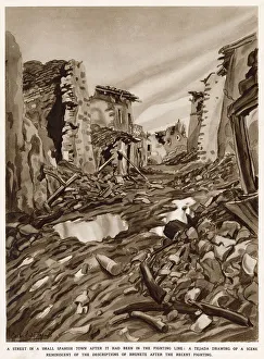 A small war-torn town during the Spanish Civil War, 1937. This illustration was made by an artist attached to Nationalist forces and may be a view of Brunete, which was the scene of extremely heavy fighting in July 1937. Date: 1937