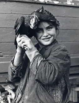 Torn Prints: Smiling gipsy girl holding a chicken