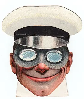 Movable Prints: Smiling man in cap and goggles on a movable greetings card