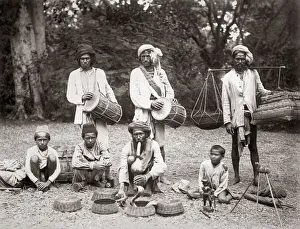 Drummers Prints: Snake charmers and drummers, India, c. 1890