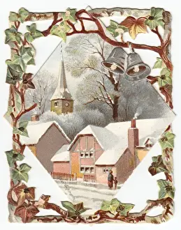 Snow scene with church and bells on a Christmas card