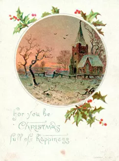 Cold Gallery: Snow scene with church and holly on a Christmas card