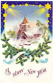 Cold Gallery: Snow scene with church and stars on a New Year postcard