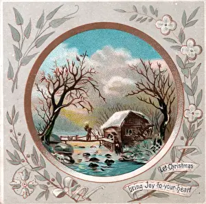 Snow scene with cottage and bridge on a Christmas card