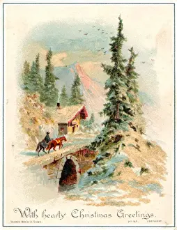 Snow scene with cottage and bridge on a Christmas card