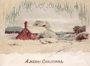 Snow scene with cottage on a Christmas card