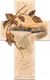 Images Dated 4th December 2015: Snow scene on a cross-shaped Christmas card