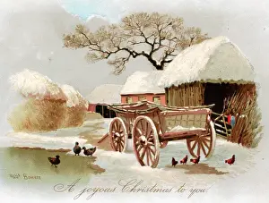 Hens Prints: Snow scene with ducks and pond on a Christmas card