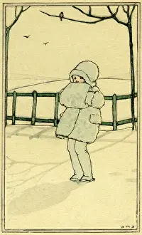 Snow scene in hat coat & muffler