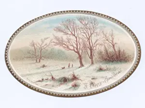 Fretwork Prints: Snow scene on an oval Christmas card
