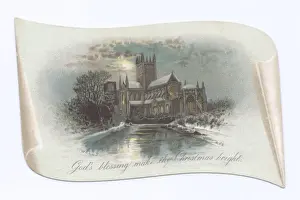 Snow scene on a scroll-shaped Christmas card
