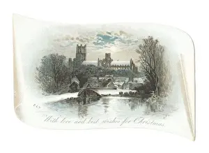 Snow scene on a scroll-shaped Christmas card