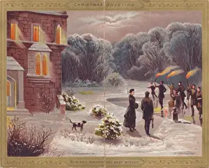 Torches Prints: Snow scene with skaters on a Christmas card