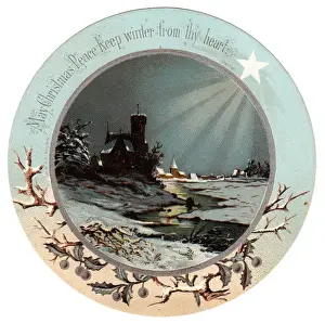 Gleam Prints: Snow scene with star on a circular Christmas card