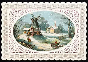 Snow scene with windmill on a Christmas card