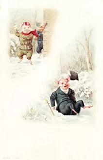 Snowballing pigs on a Christmas postcard