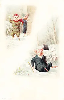Snowballing Prints: Snowballing pigs on a Christmas postcard