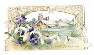 Images Dated 9th May 2018: Snowdrops and violets on a cutout Christmas card