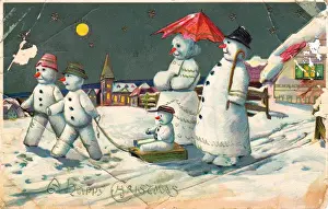 Snowman Prints: Snowman and family on a Christmas postcard