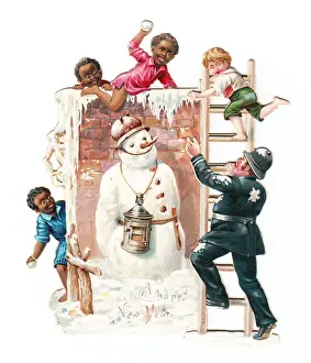 Snowballing Prints: Snowman, policeman and boys on a cutout New Year card